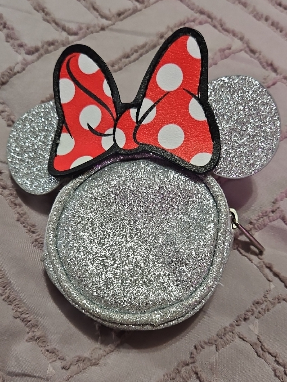 Disney Minnie Mouse Silver Glitter Keychain Coin Purse with Red Polka Dot Bow